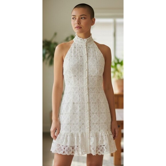 DESIGNER AQUA WHITE LACE HALTER NECKLINE RUFFLE HEM SLEEVELESS DRESS SIZE LARGE - Picture 7 of 16